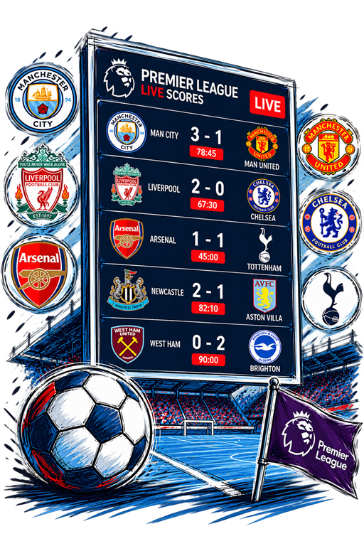 Illustrated Premier League live scores board with club badges and a football stadium