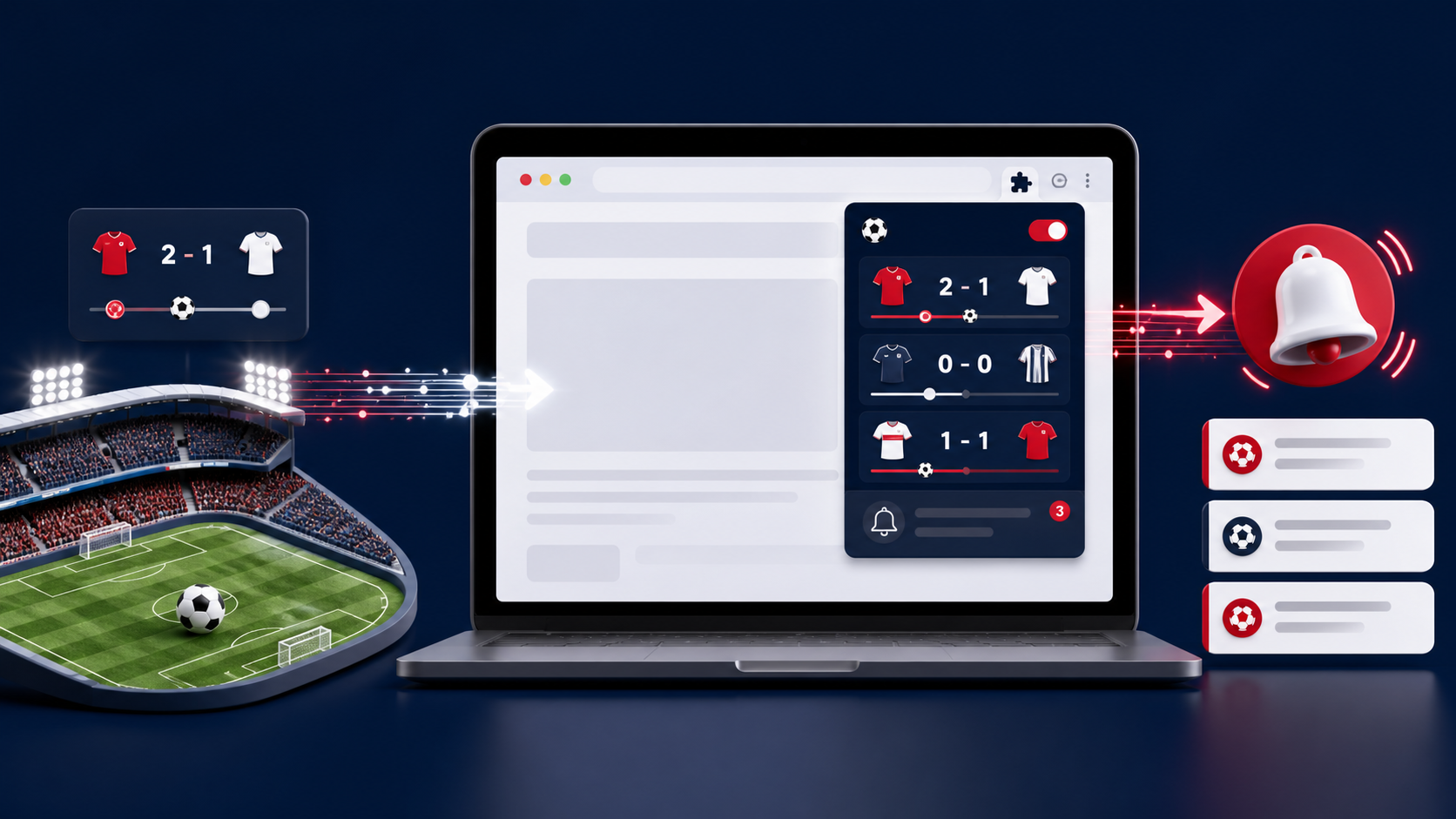 Football match data flowing into a live scores Chrome extension and notification bell