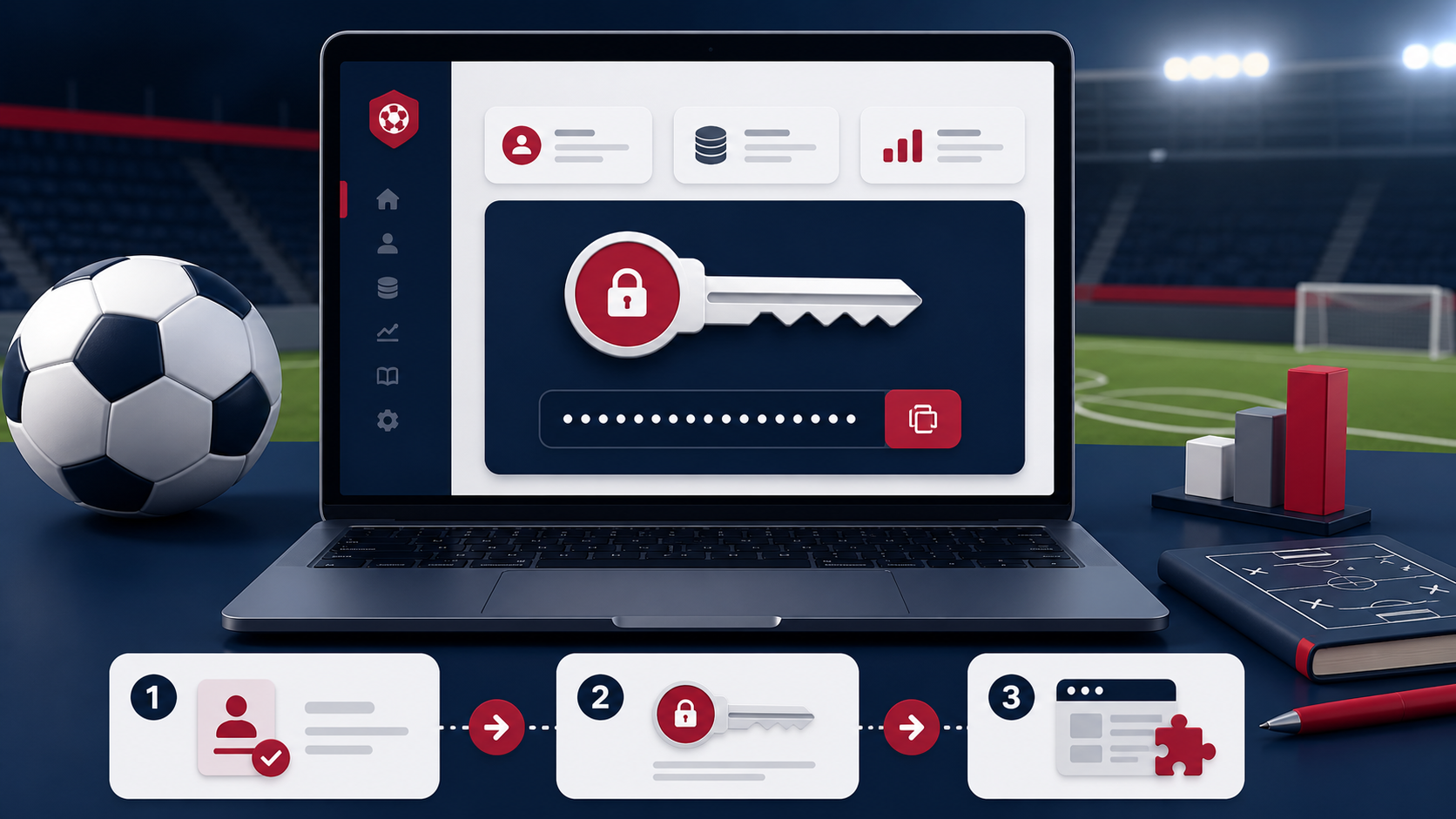 Laptop displaying a secure football API key setup workflow
