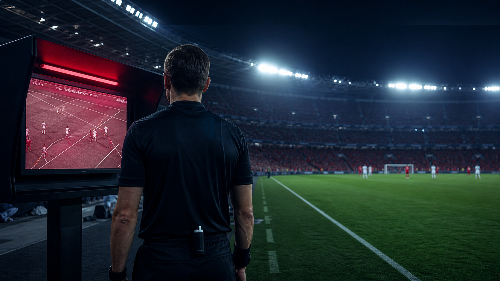 VAR video assistant referee technology in football stadium